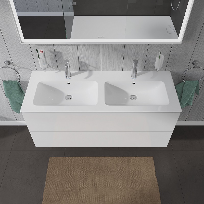 Ideal Standard soluzione bagno doppio lavabo 60 cm su mensola 180 cm,  colore bianco finitura lucido, doccia rettangolare 120x90 cm, colore grigio  cemento finitura pietra opaco, rubinetteria finitura silver storm SING10