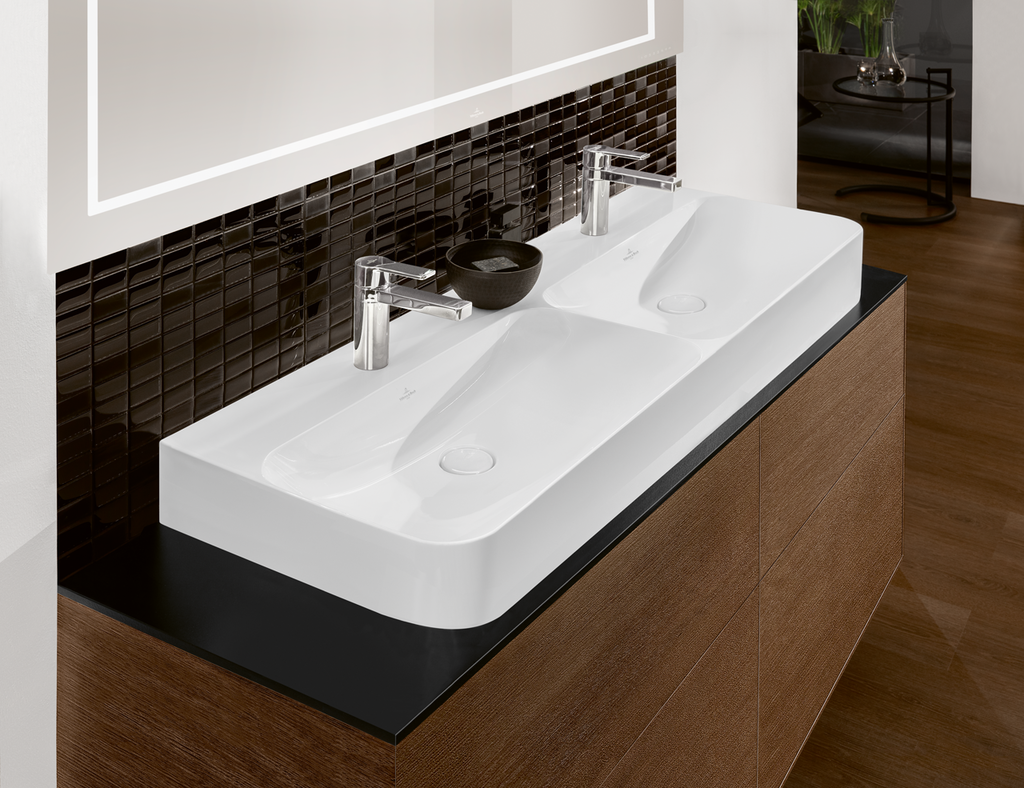 Ideal Standard soluzione bagno doppio lavabo 60 cm su mensola 180 cm,  colore bianco finitura lucido, doccia rettangolare 120x90 cm, colore grigio  cemento finitura pietra opaco, rubinetteria finitura silver storm SING10