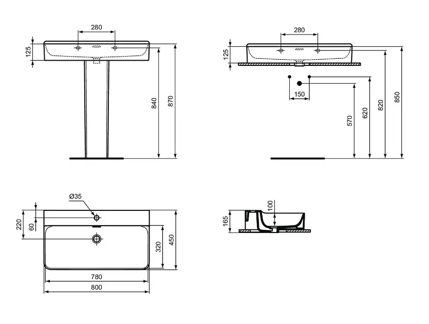 Ideal Standard Conca Ceram - Lavabo 800x450 mm, con troppopieno, foro per  miscelatore, bianco T369201