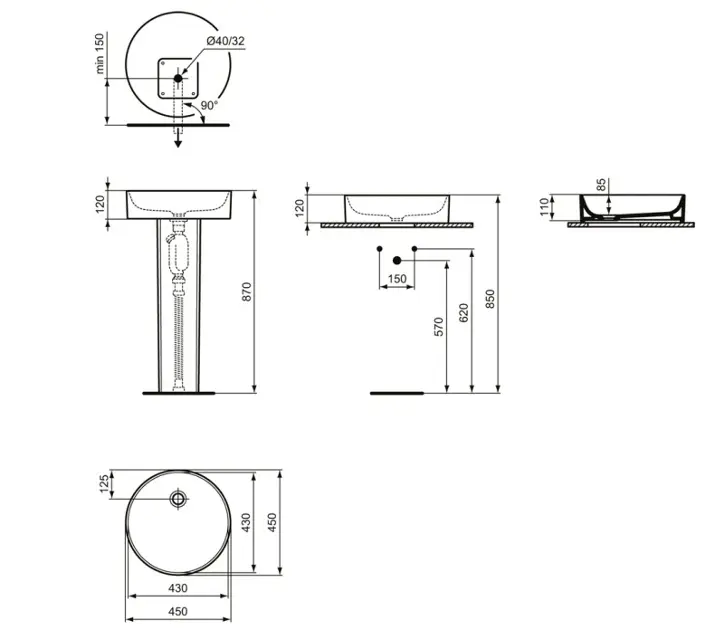 Ideal Standard Conca Ceram - Lavabo doppio da appoggio 1200x450 mm, con  troppopieno, senza foro per miscelatore, bianco T384101