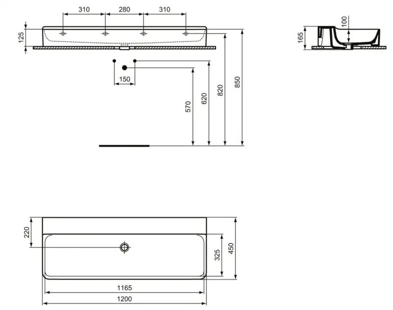 Ideal Standard Conca Ceram - Lavabo doppio da appoggio 1200x450 mm, con  troppopieno, senza foro per miscelatore, bianco T384101