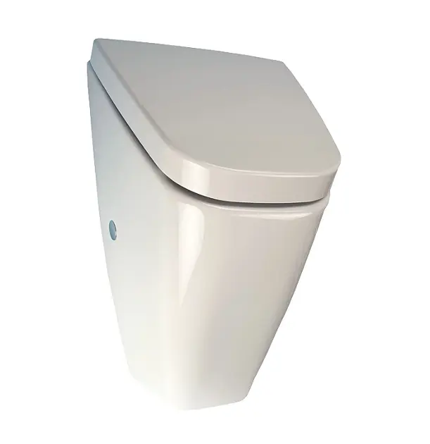 Sanela Ceramika - Pisuar willowy z pokrywą, ze spłuczką radarową, tylnym doprowadzeniem wody, zasilany akumulatorowo, SoftClose, biały SLP 37RB