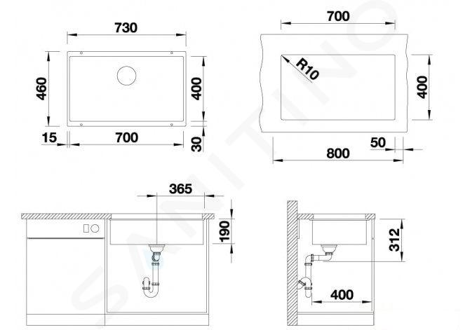 Blanco Fregadero de 1 seno con escurridor derecho integrado SUBLINE 700-U  Level 1518397 acabado trufa 73x46 cm - Bajo encimera