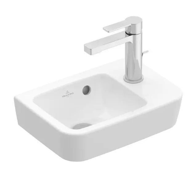 Levně Villeroy & Boch O.novo - Umývátko Compact 36x25 cm, s přepadem, 1 otvor pro baterii vpravo, AntiBac, CeramicPlus, alpská bílá 434336T2