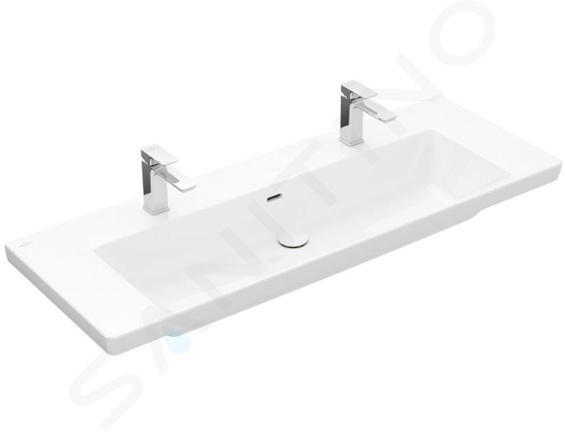 Villeroy & Boch Subway 3.0 - Doppelwaschtisch 130x48 cm, mit Überlauf, Hahnlöcher, CeramicPlus, alpinweiß 4A70D4R1