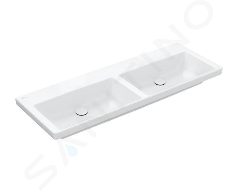 Villeroy & Boch Subway 3.0 - Dvojumývadlo nábytkové, 130x47 cm, bez prepadu, bez otvoru na batérie, CeramicPlus, Stone White 4A71D3RW