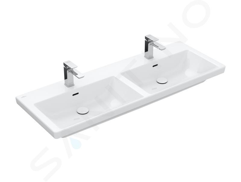 Villeroy & Boch Subway 3.0 - Doppelmöbelwaschtisch 130x47 cm, mit Überlauf, Hahnlöcher, alpinweiß 4A71D501