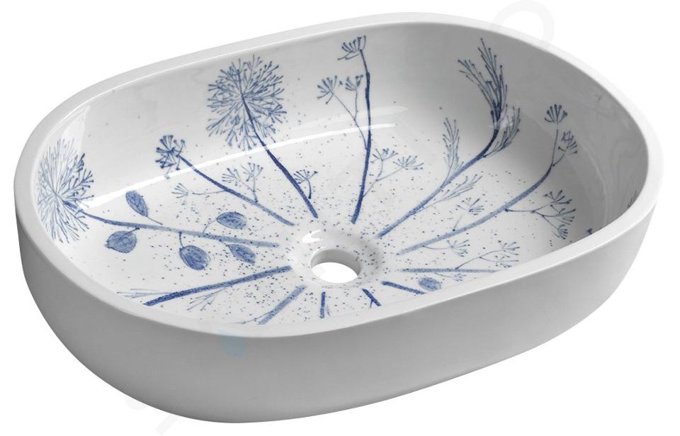 Sapho Priori - Lavabo 60x40 cm, senza foro per miscelatore, motivo bianco/blu PI029