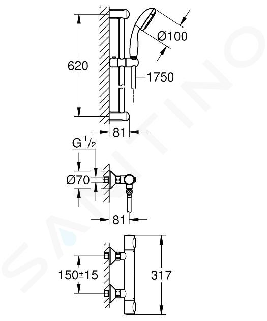 Grohe Precision Flow - Conjunto de ducha con termostato de pared, con barra  620 mm, cromo 34841000