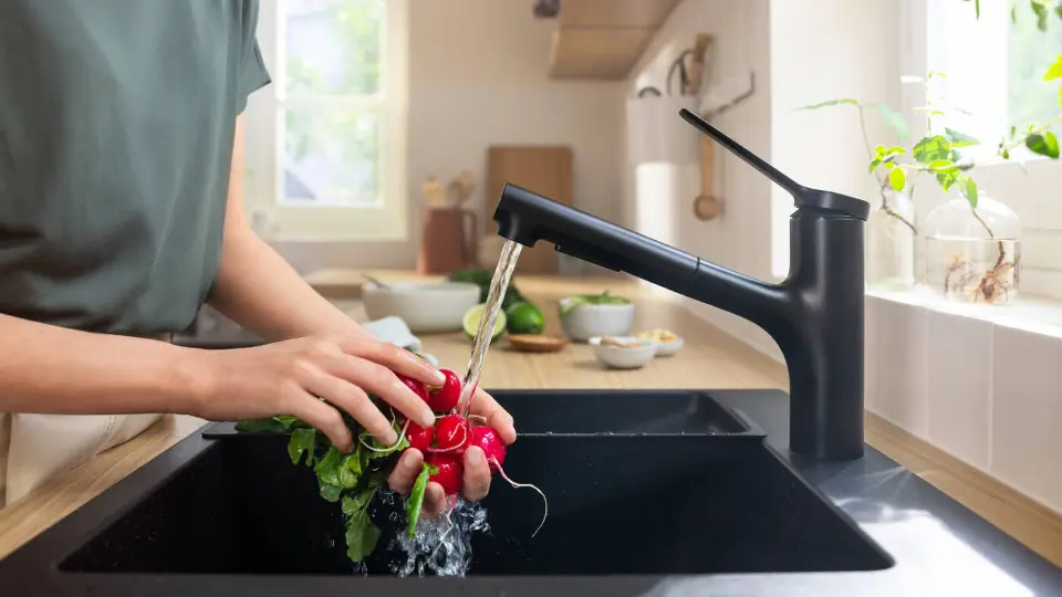 Un évier De Cuisine Avec Un Robinet Et Une Plante En Pot En