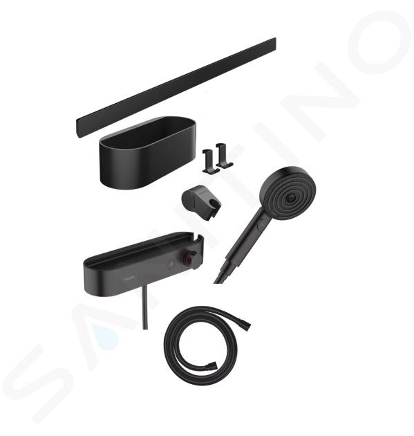 Hansgrohe WallStoris - Conjunto de cabezal de ducha 105, 3 chorros, termostato y accesorios de baño, negro mate 24250670