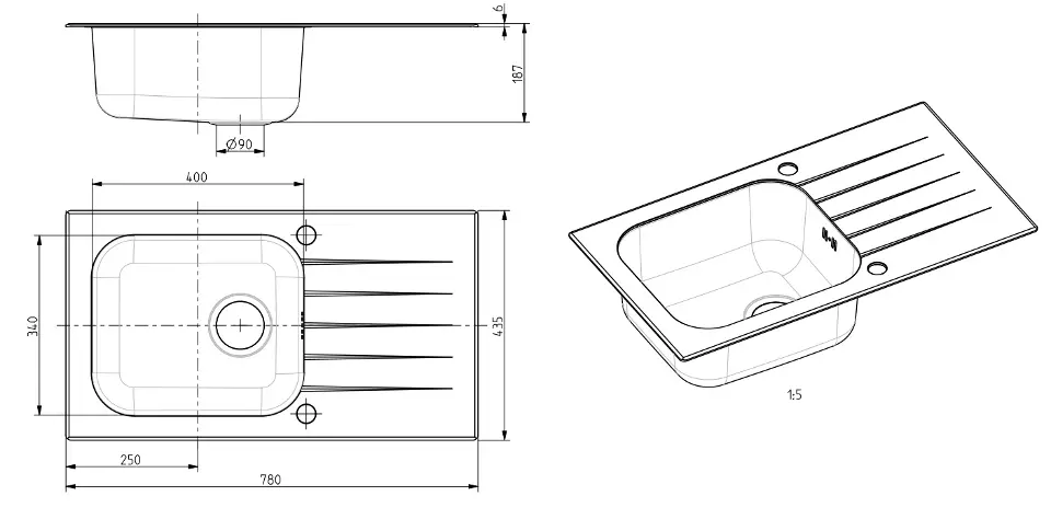 Alveus sudoper Vitro 20, bijelo staklo, 780 × 435 mm, inox i kaljeno staklo, 1130527 – detalj