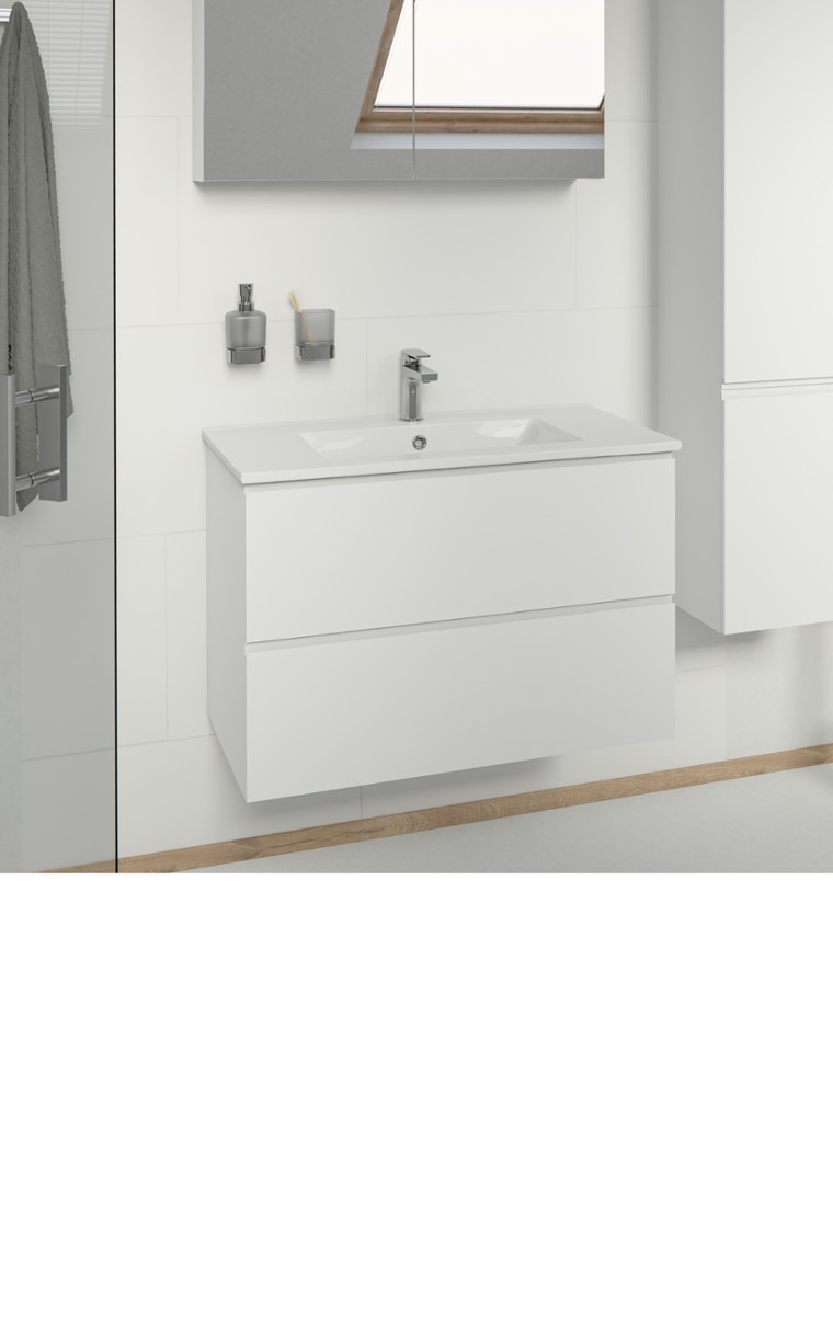 kielle Oudee - Mobiletto completo di lavabo, 80x55x46 cm, 2 cassetti, bianco lucido 50002S80