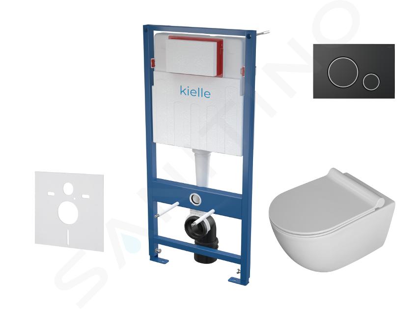 kielle Genesis - Set con modulo di installazione, vaso WC Gaia, copriwater softclose e placca di comando Gemini II, nero opaco / cromo 30505SS08