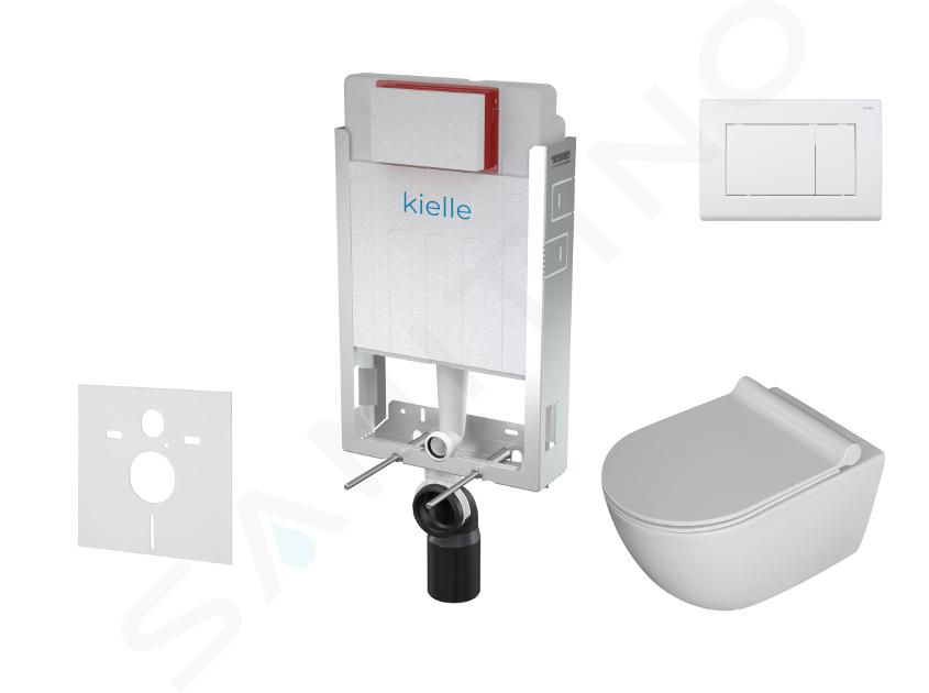 kielle Genesis - Set con modulo di installazione, vaso WC Gaia, copriwater softclose e placca di comando Gemini III, bianco lucido 30505SZ05