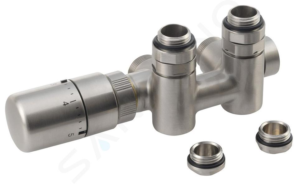 Sapho Twin Combi - Set de supape cu termostat, conexiune centrală, stânga, distanța dintre axe 50 mm, oțel inoxidabil periat CP5512S