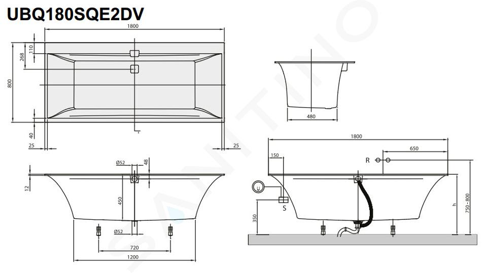 Villeroy & Boch Squaro Edge 12 - Vaňa, 1800x800x450 mm, Quaryl, biela UBQ180SQE2DV-01IIJ1