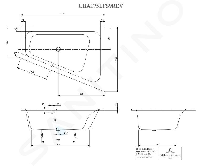 Villeroy & Boch Loop&Friends - Vana 135x175x44 cm, pravá, bílá UBA175LFS9REV-01IIJ1