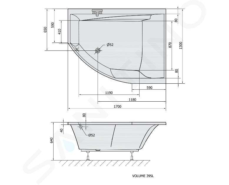 Polysan Vane - Asymetrická vaňa TANDEM R, 1700x1300x500 mm, pravá, Heavy Shell, biela 97611IIJ1