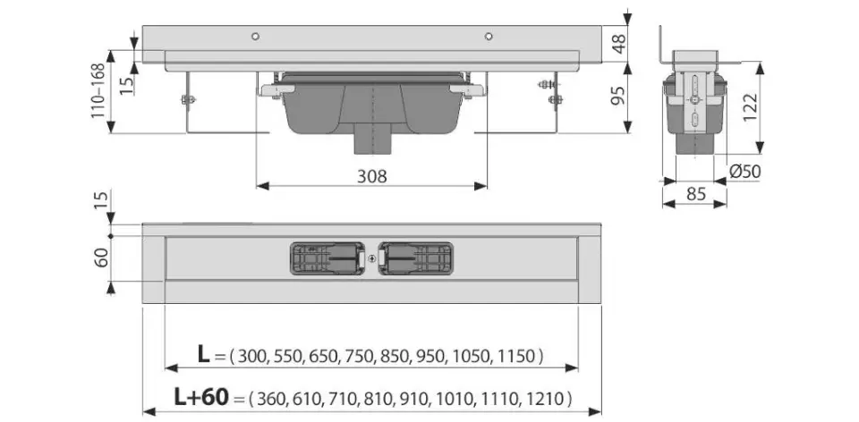 Balneo Lineaire afvoer 30 roestvrij staal, laag 52 mm, complete set met grote zeef, douchegoot dubbelzijdig met paneel of onder tegels, duplex Next 2-in-1