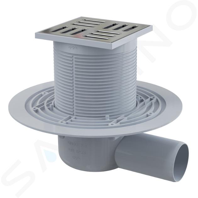 Alcadrain Odtokové kanáliky - Podlahová vpusť bočná 11x11 cm, priemer 5 cm, vodný zápachový uzáver, nerezová/plast APV101