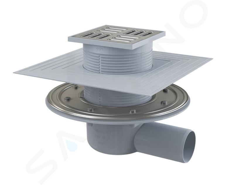 Alcadrain Canale de scurgere - Gură de scurgere la sol, latură 105x105 mm, diametru 50 mm, al doilea nivel de izolație, obturator de miros SMART, oțel inoxidabil/plastic APV1324