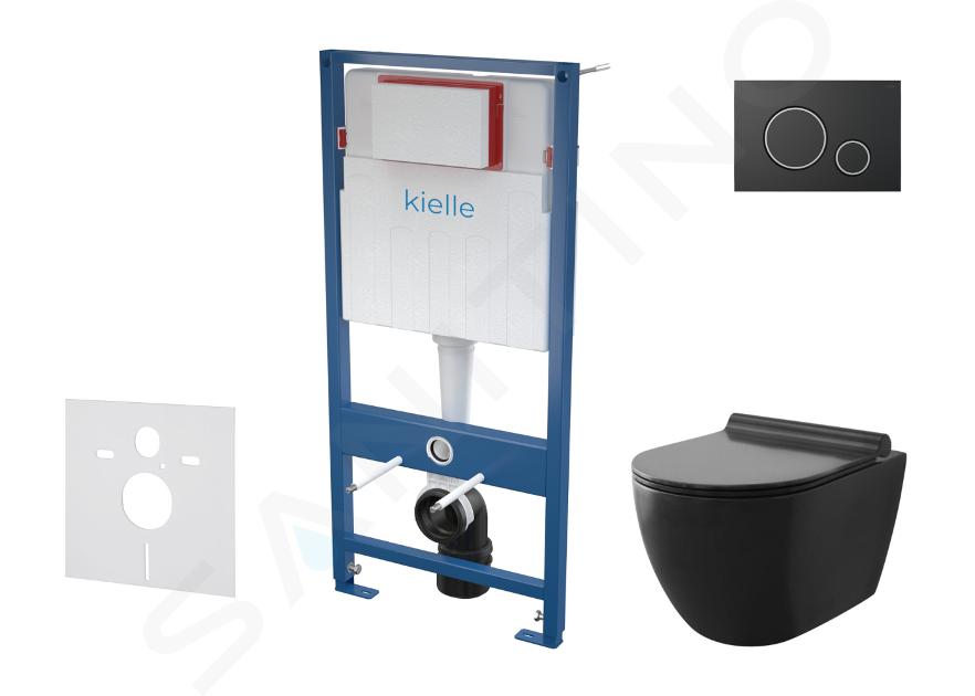 kielle Genesis - Set con modulo di installazione, vaso WC Gaia e copriwater softclose, placca di comando Gemini II, nero opaco/cromo 30505SS09