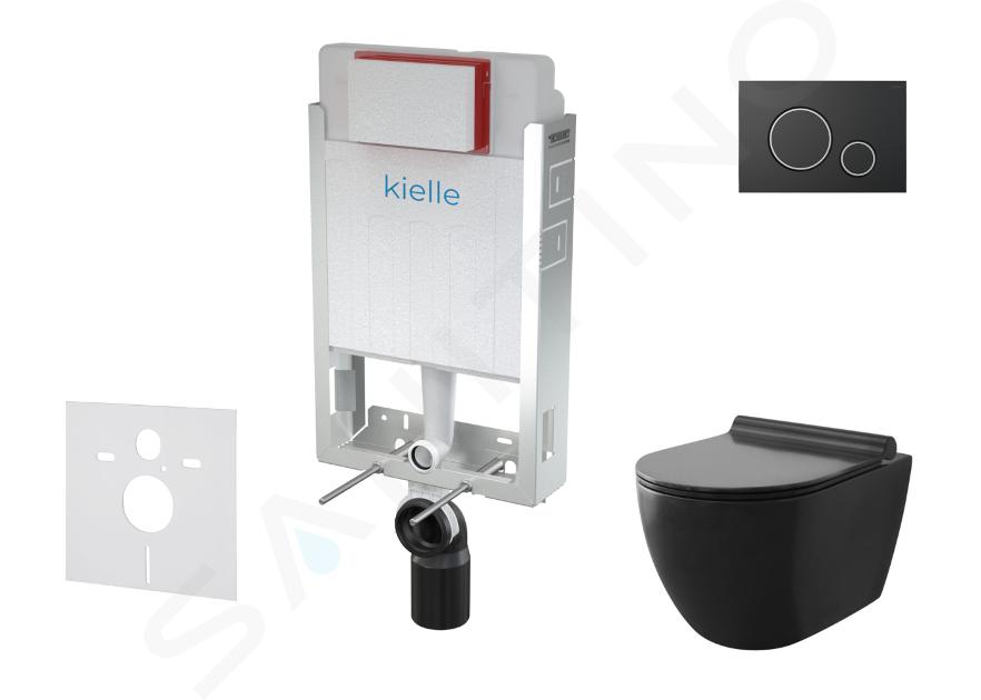 kielle Genesis - Set con modulo di installazione, vaso WC Gaia e copriwater softclose, placca di comando Gemini II, nero opaco/cromo 30505SZ09