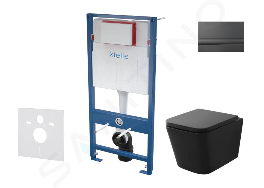 kielle Genesis - Set con modulo di installazione, vaso WC Arkas I, copriwater softclose e placca di comando Gemini I, nero lucido 30505SS10