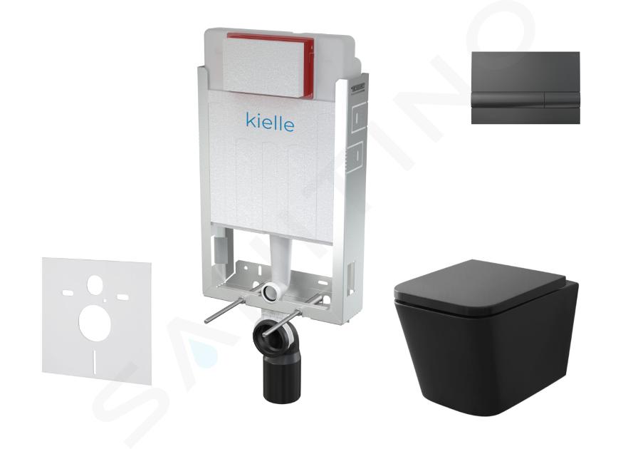 kielle Genesis - Set con modulo di installazione, vaso WC Arkas I, copriwater softclose e placca di comando Gemini I, nero lucido 30505SZ10