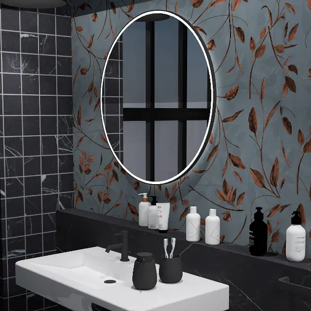 Talos Miroir Rond Noir Mat Design Black Vogue - Diamètre 50 Cm Avec Cadre Aluminium Et Sangle Cuir