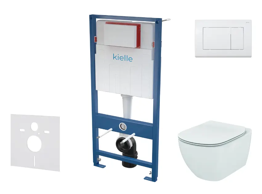 kielle Genesis - Set con modulo di installazione, vaso WC Tesi e copriwater softclose, Aquablade, placca di comando Gemini III, bianco lucido SANI11AD3100