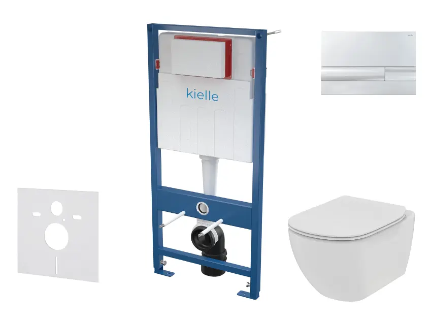 kielle Genesis - Set con modulo di installazione, vaso WC Tesi e copriwater softclose, placca di comando Gemini I, cromo lucido SANI11AD1101