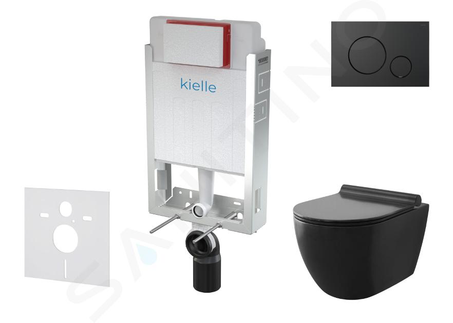 kielle Genesis - Set con modulo di installazione, vaso WC Gaia e copriwater softclose, placca di comando Gemini IV, nero opaco 30505SZ11