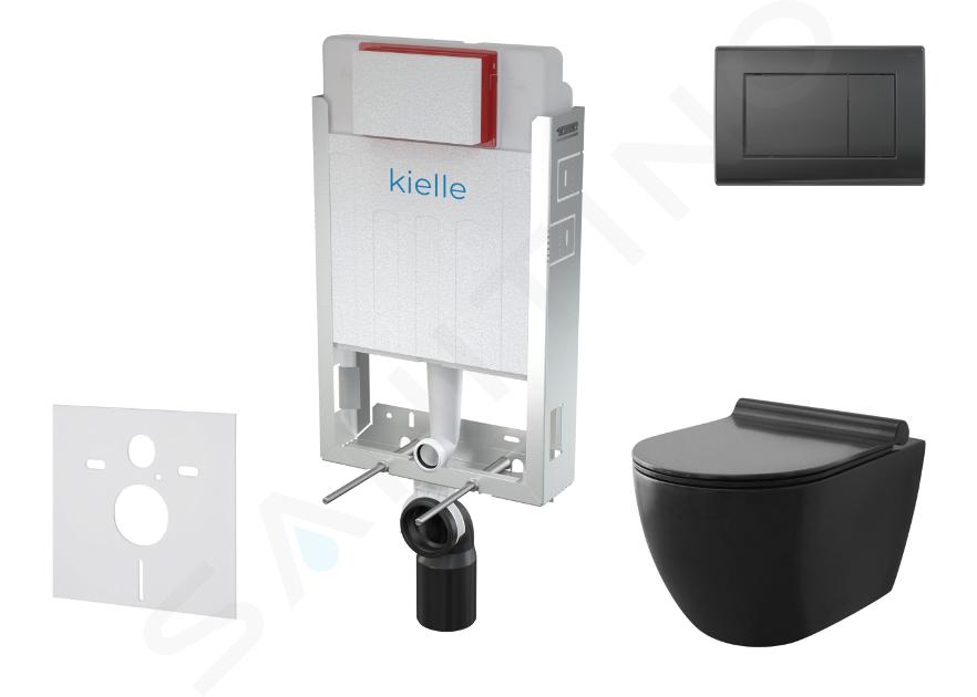 kielle Genesis - Set con modulo di installazione, vaso WC Gaia e copriwater softclose, placca di comando Gemini III, nero opaco 30505SZ12