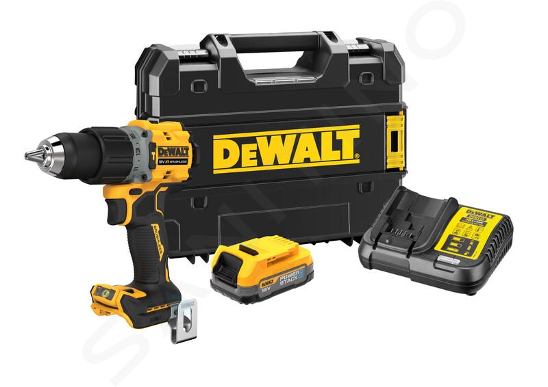 DeWALT Unelte - Mașină de găurit (bormașină) cu percuție pe acumulator de 18V, 1x baterie 1,7 Ah POWERSTACK, încărcător DCD805E1T