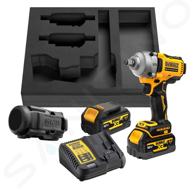 DeWALT Gereedschap - 18V ACCU slagmoersleutel, 2x accu 5,0 Ah XR, rubberen hoes, oplader DCF891P2G