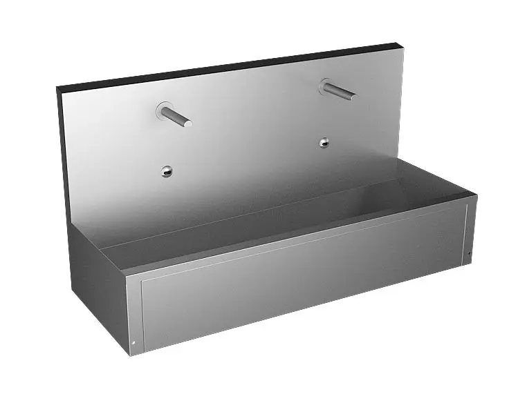 Levně Sanela Nerezové dřezy - Opláštěný závěsný mycí žlab 1250 mm, 2 senzorové baterie s termostatem, síťové napájení, antivandal, nerez SLUN 80ET
