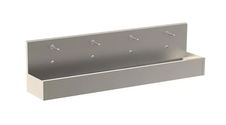 Levně Sanela Nerezové dřezy - Opláštěný závěsný mycí žlab 2500 mm, 4 senzorové baterie s termostatem, síťové napájení, antivandal, nerez SLUN 82ET