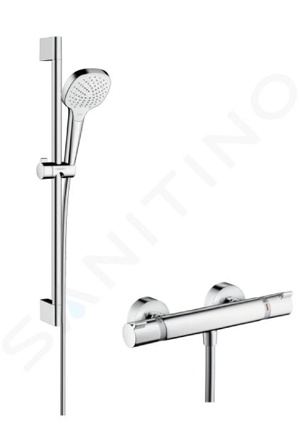 Hansgrohe Croma Select E - Set de douche Vario avec thermostat, 3 jets, barre de douche 650 mm, blanc/ chrome 27081400