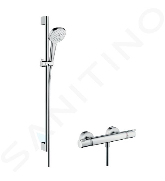 Hansgrohe Croma Select E - Conjunto de ducha Vario con termostato, 3 chorros, barra de ducha 900 mm, blanco/cromo 27082400