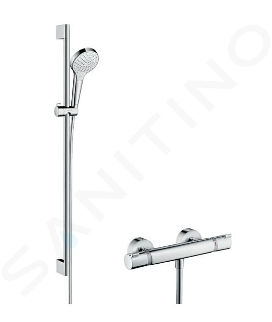 Hansgrohe Croma Select S - Duschset Vario mit Thermostatbatterie, Duschstange 900 mm, 3 Strahlen, weiß / verchromt 27014400