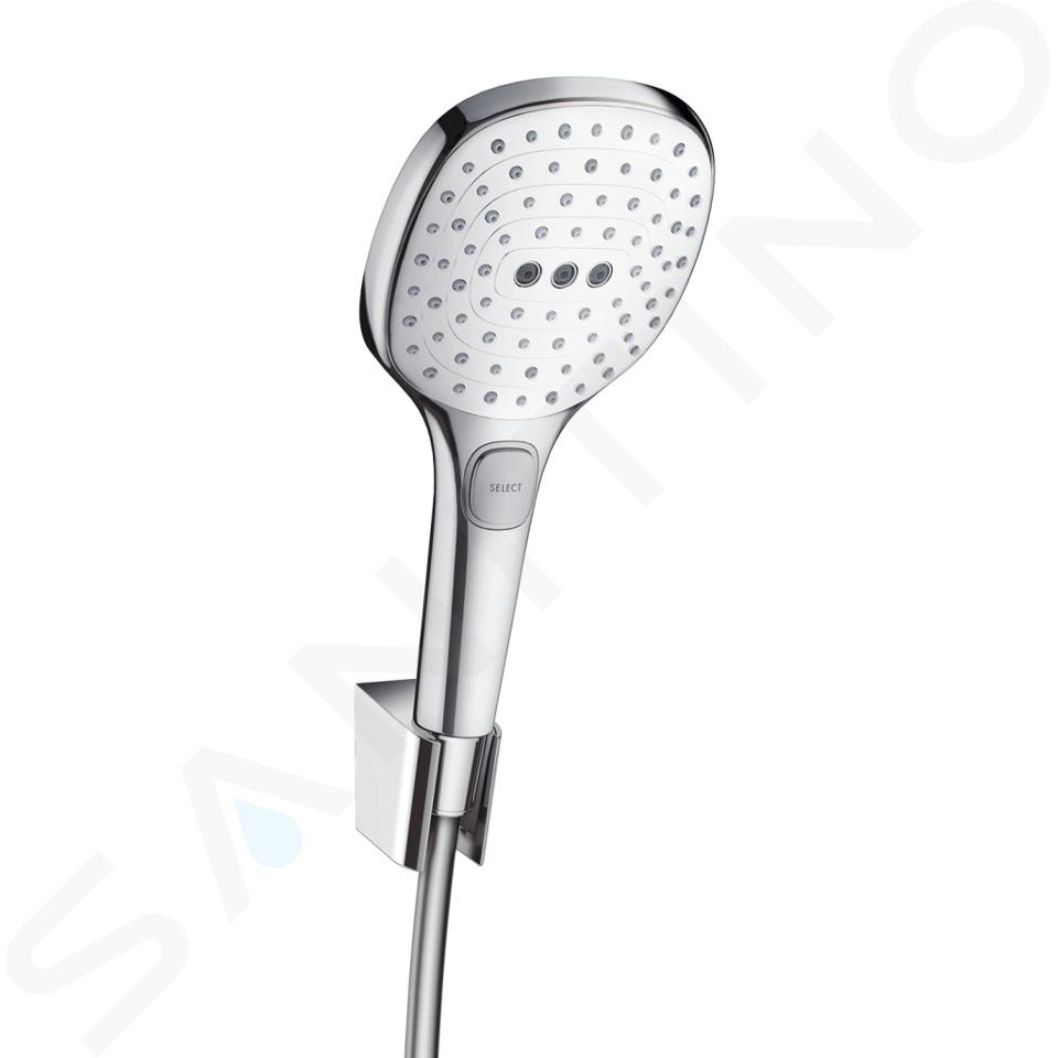 Hansgrohe Raindance Select E - Alcachofa de ducha 120, con accesorios, 3 chorros, blanco/cromo 26720400