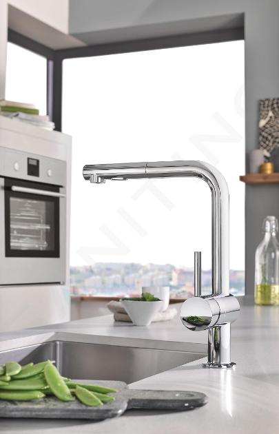 Robinet de cuisine Grohe Mitigeur cuisine Minta Bec haut droit chrome  douchette extractible