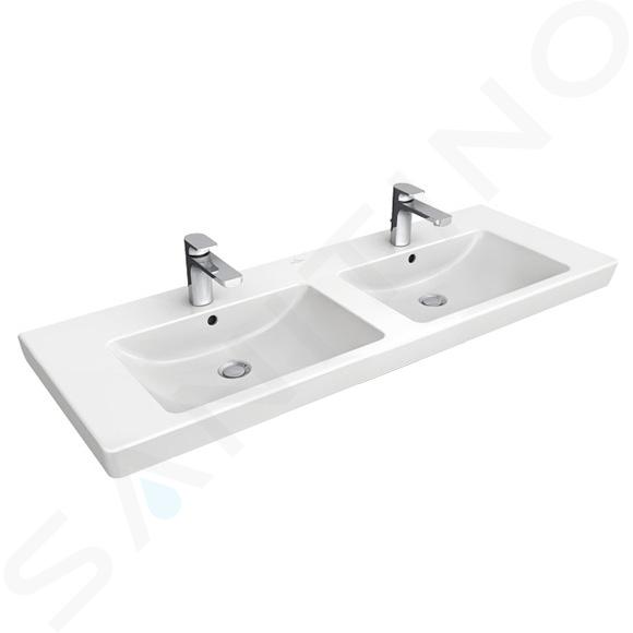 Villeroy & Boch Subway 2.0 - Dvojumyvadlo nábytkové 130x47 cm, s přepadem a otvory pro baterie, Ceramicplus, bílá 7175D0R1