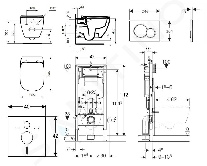 Geberit Duofix - Bâti-support pour WC suspendu avec plaque de déclenchement  Sigma20, blanc/chrome poli + Ideal Standard Tesi - cuvette et abattant,  Aquablade, SoftClose 111.300.00.5 NU4