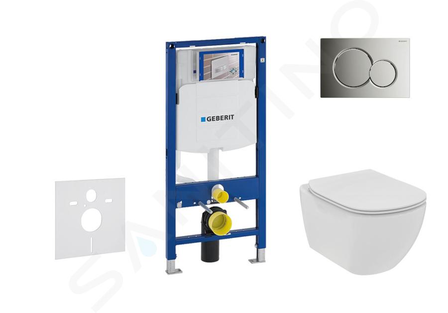 Geberit Duofix - Set de bâti-support, WC suspendu Rimless + abattant SoftClose Ideal Standard Tesi, plaque de déclenchement Sigma01 chrome brillant 111.300.00.5 NE2