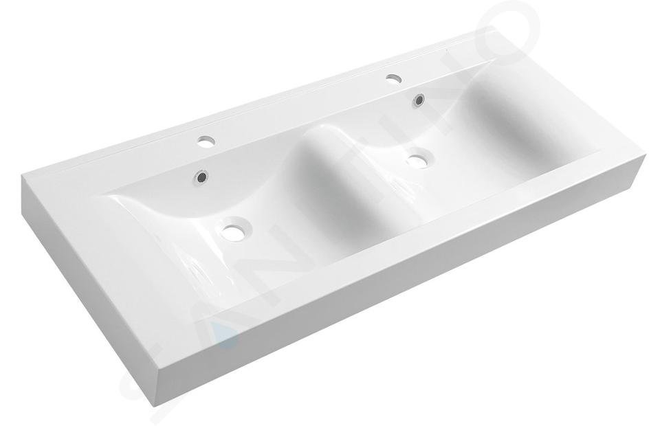 Sapho - Dubbele wastafel 120x50 cm, met 2 overloop, met kraangaten, wit 68121