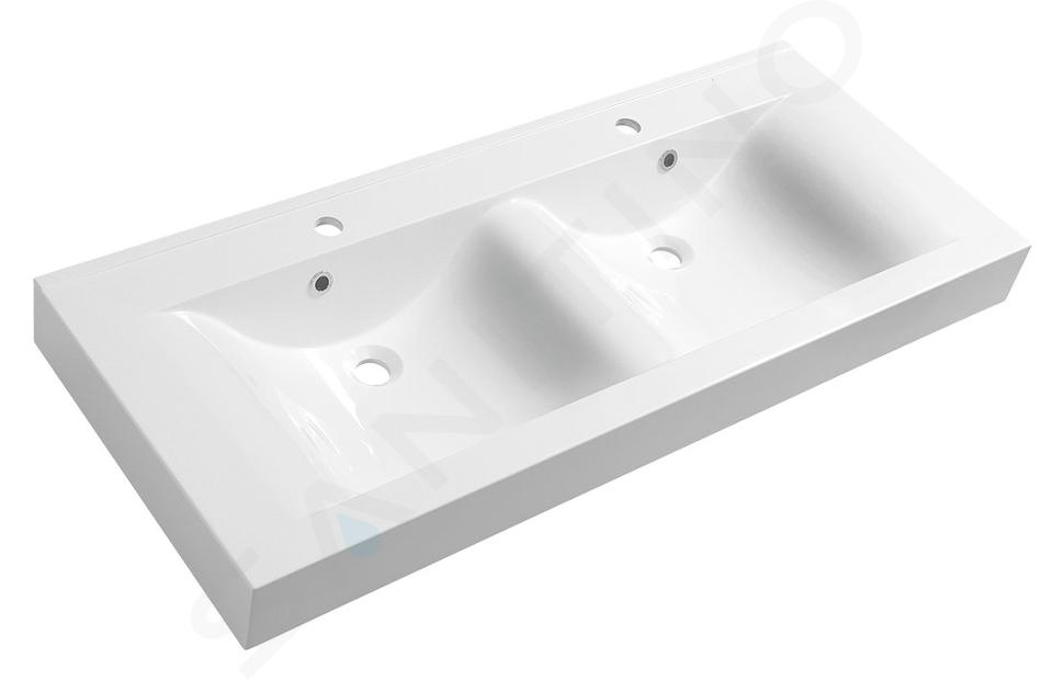 Sapho Lavabos - Double-lavabo 120x50 cm, avec 2 trop-pleins, avec trous pour robinets, blanc 68121