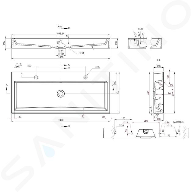 hemel Zich voorstellen Naschrift Sapho Orinoko - Dubbele wastafel 1000x420 mm, met overloop, kraangaten, wit  OR101 | Sanitino.nl